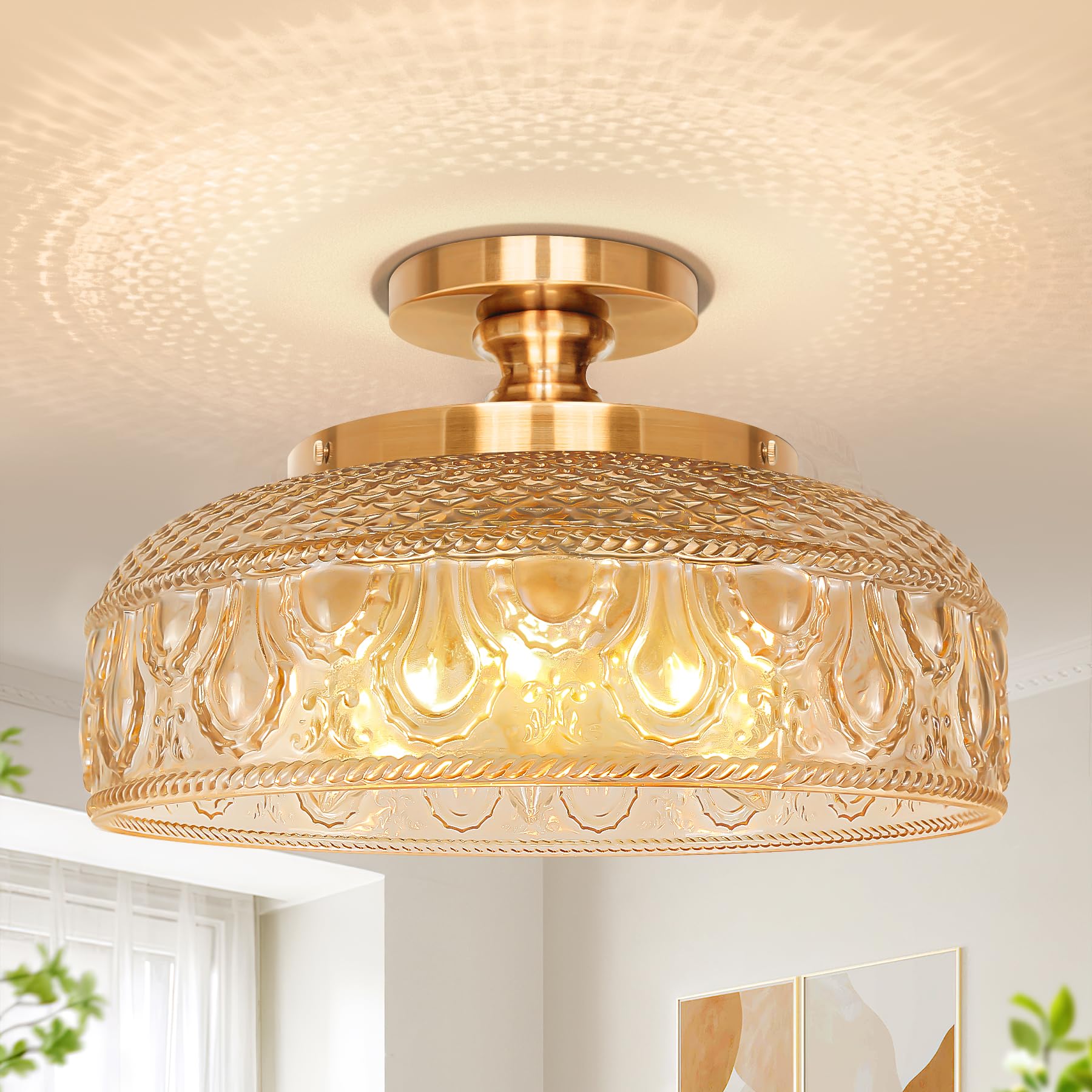 Photo 1 of Lamomo Semi Flush Mount Ceiling Light, Upgraded Larger Hallway Light Fixture, 3-Bulb Globe Glass Close to Ceiling Scone, Amber Indoor Hanging Light for Bedroom Kitchen Porch Hallway,Bulbs Not Included