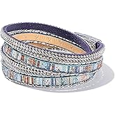 FANCY SHINY Boho Leather Wrap Bracelet Stackable Crystal Rhinestone Bangle Cuff with Magnetic Clasp Trendy Bohemian Jewelry for Women