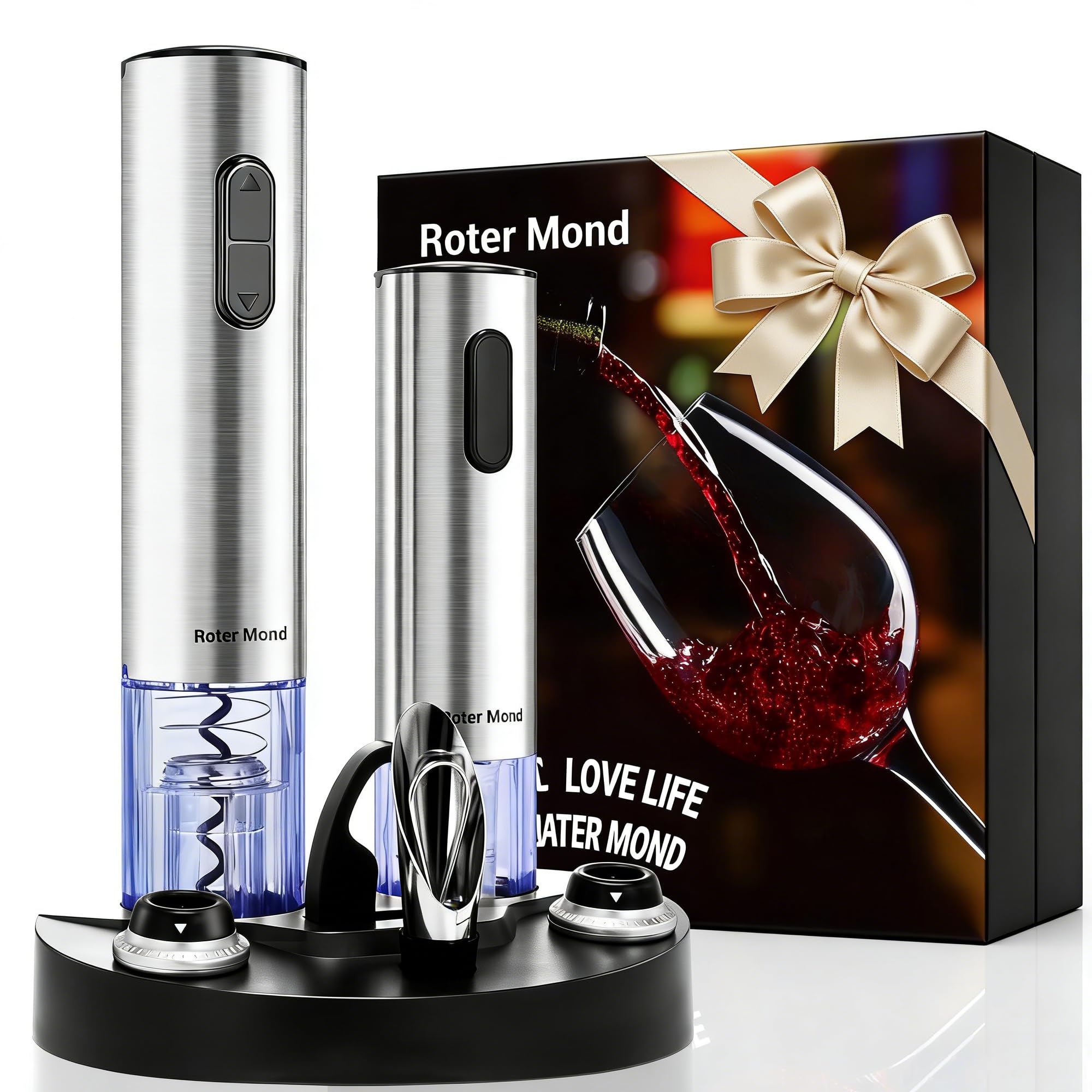 Photo 1 of Electric Wine Opener Set, Roter Mond Automatic Wine Bottle Opener with Charging Base, 7-in-1 Wine Present with Wine Aerator Pourer Electric Vacuum Pump with 2 Stoppers Wine Foil Cutter for Home Party