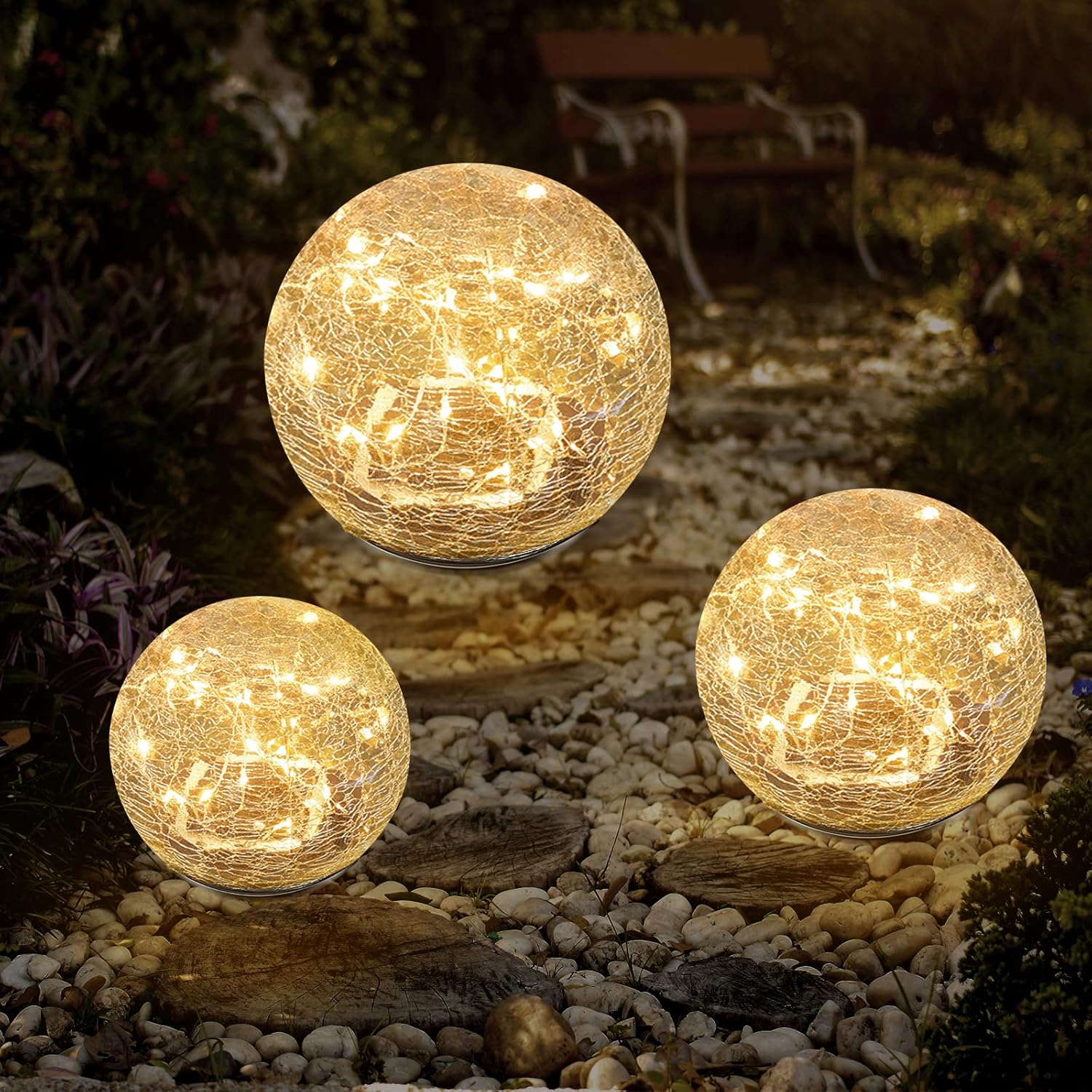 Lighting - Garden Solar Lights Cracked Glass Ball Waterproof LED for Outdoor Decor Decorations Pathway Patio Yard Lawn, Warm White 2 Globe (4.7”)