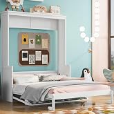 RuiSiSi Queen Murphy Bed with Desk, Farmhouse Hidden Foldable Wall Bed Frame w/Gas Struts, Space-Saving Cabinet Murphy Bed for Bedroom, Office, No Box Spring Needed, White