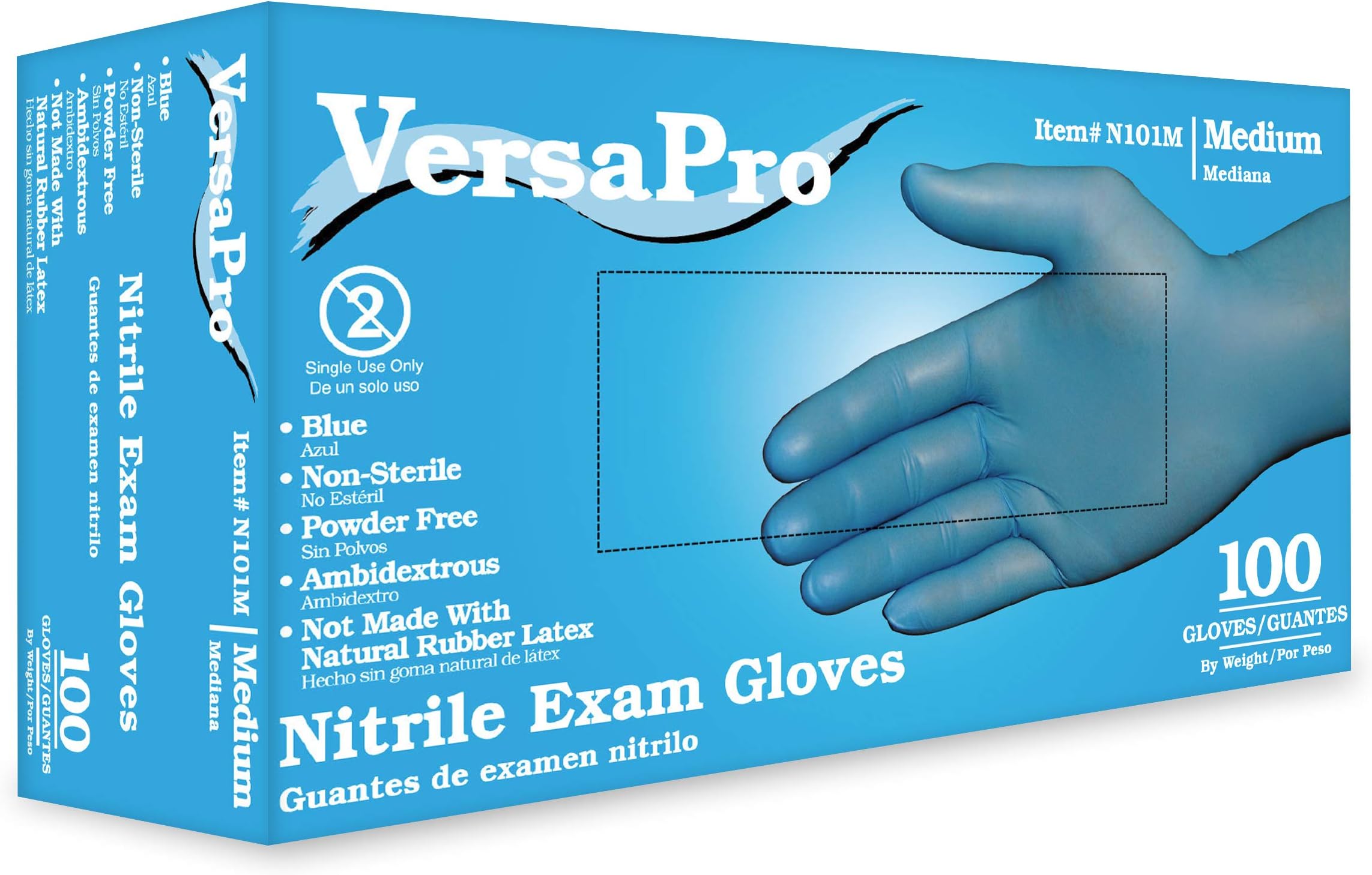 VersaPro N101M Nitrile Exam Gloves (non-latex) Powder-Free, Medium, Blue, 100/Box