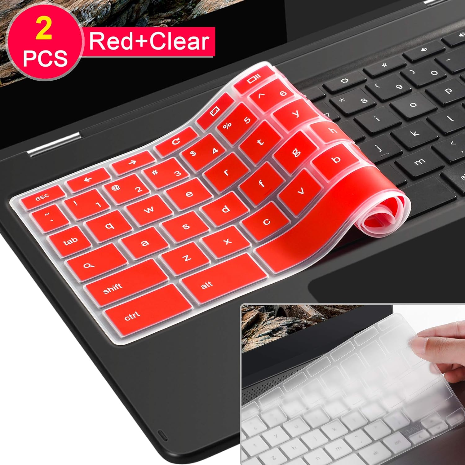 [2 Pack ] Lapogy Keyboard Cover Skin for Samsung Chromebook Plus(12.3 inch)/Samsung Chromebook Pro(12.3 inch),Chromebook Plus XE513C24,Chromebook Pro XE513C24(Clear and red)