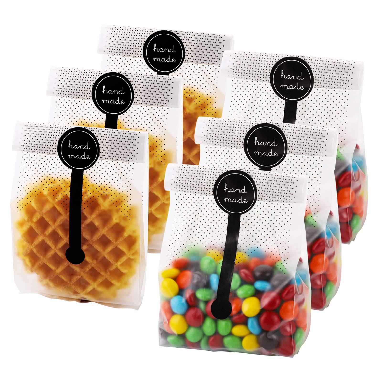 Jucoan 200 Pack 9x23 cm Translucent Plastic Cookies Treat Bags, Cellophane Snack Wrapping Bags with 200 Pack Handmade Stickers for Cakes, Chocolates, Candy, Gift Bag