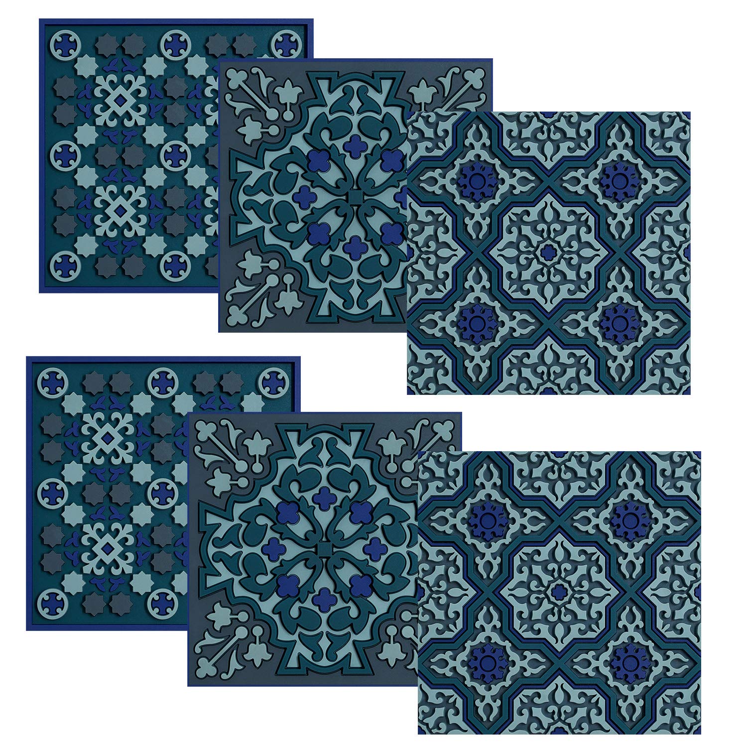 Images d´Orient Set of 6 glass coasters made of PVC, heat-resistant, washable, oriental blue, grey, 9 cm x 9 cm.