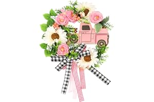 TYL&TYS 23.6'' Spring Wreaths for Front Door,Pink Car Sunflower Artificial Flower Wreath,All Seasons Used for Front Door Home Windows Wall Weddings Farmhouse Indoor and Outdoor Green Decor