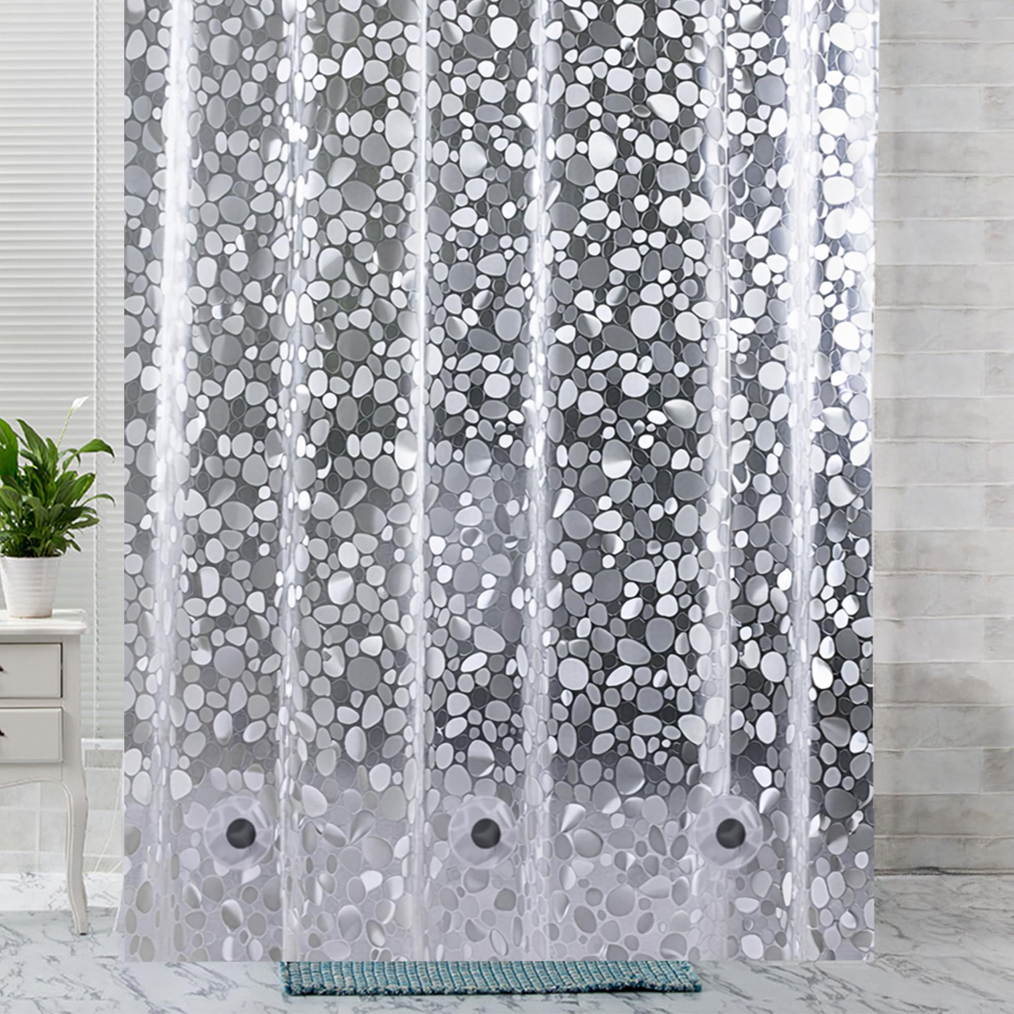 WedDecor Waterproof Heavy Duty PVC Clear 3D Effect Pebbles Pattern Shower Curtain Liner Mould & Mildew Resistant With Magnetic Bottom, 12 Curtain Hooks, 180cm x 200cm