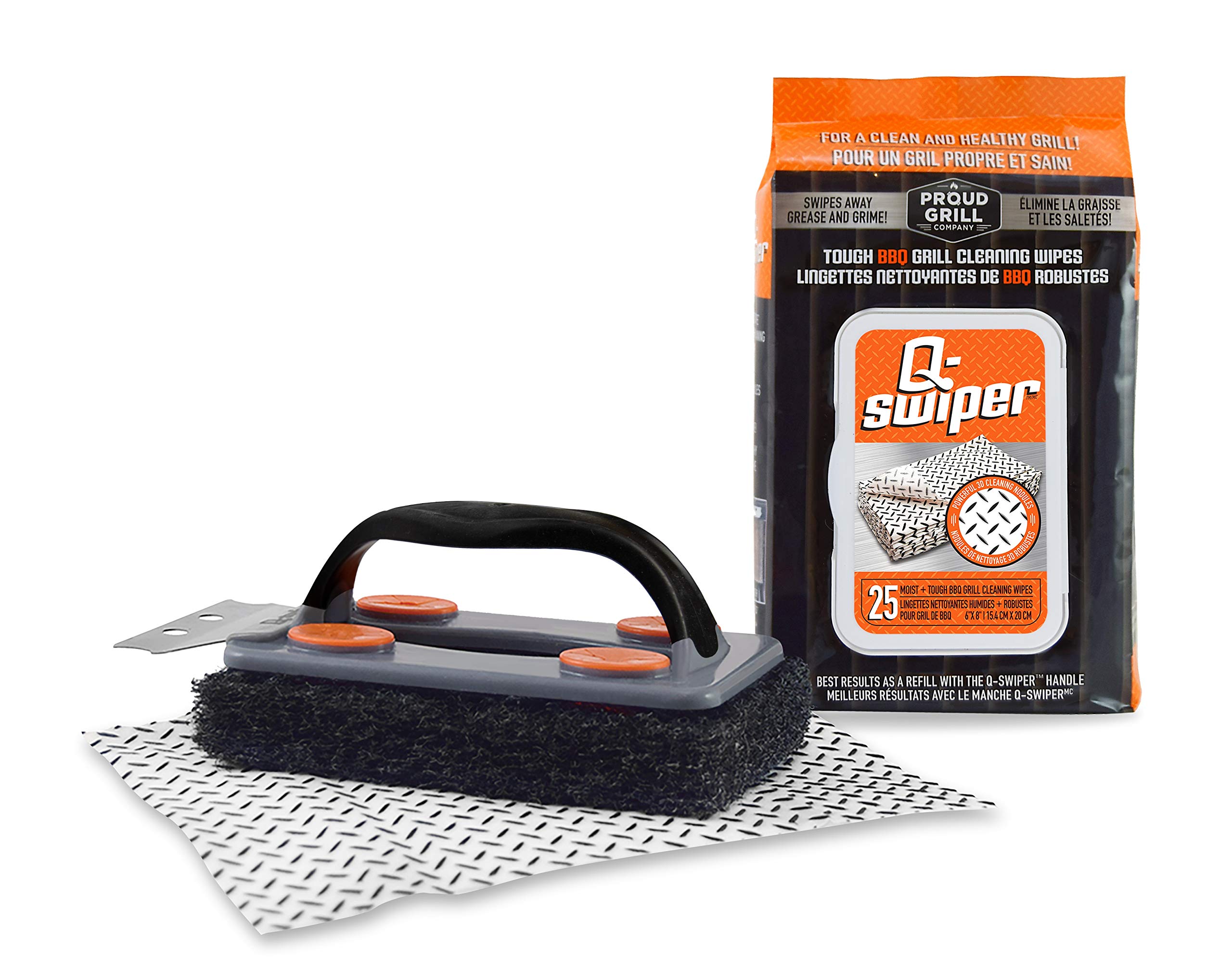 Q-Swiper BBQ Grill Cleaner Set - 1 BBQ Brush with Scraper and 25 BBQ Grill Cleaning Wipes. Bristle Free & Wire Free. Safe Way to Remove Grease and Grime for A Clean and Healthy Grill!