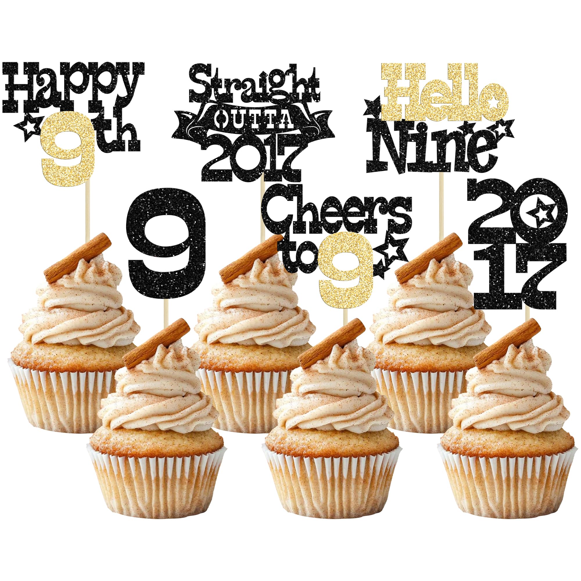 Ephlyn 30Pcs Straight Outta 2017 Cupcake Toppers Glitter Hello Nine Happy 9th Birthday Cupcake Picks Cheers to 9 Years Cake Decorations for 9th Birthday Party Supplies Black Gold — image 1