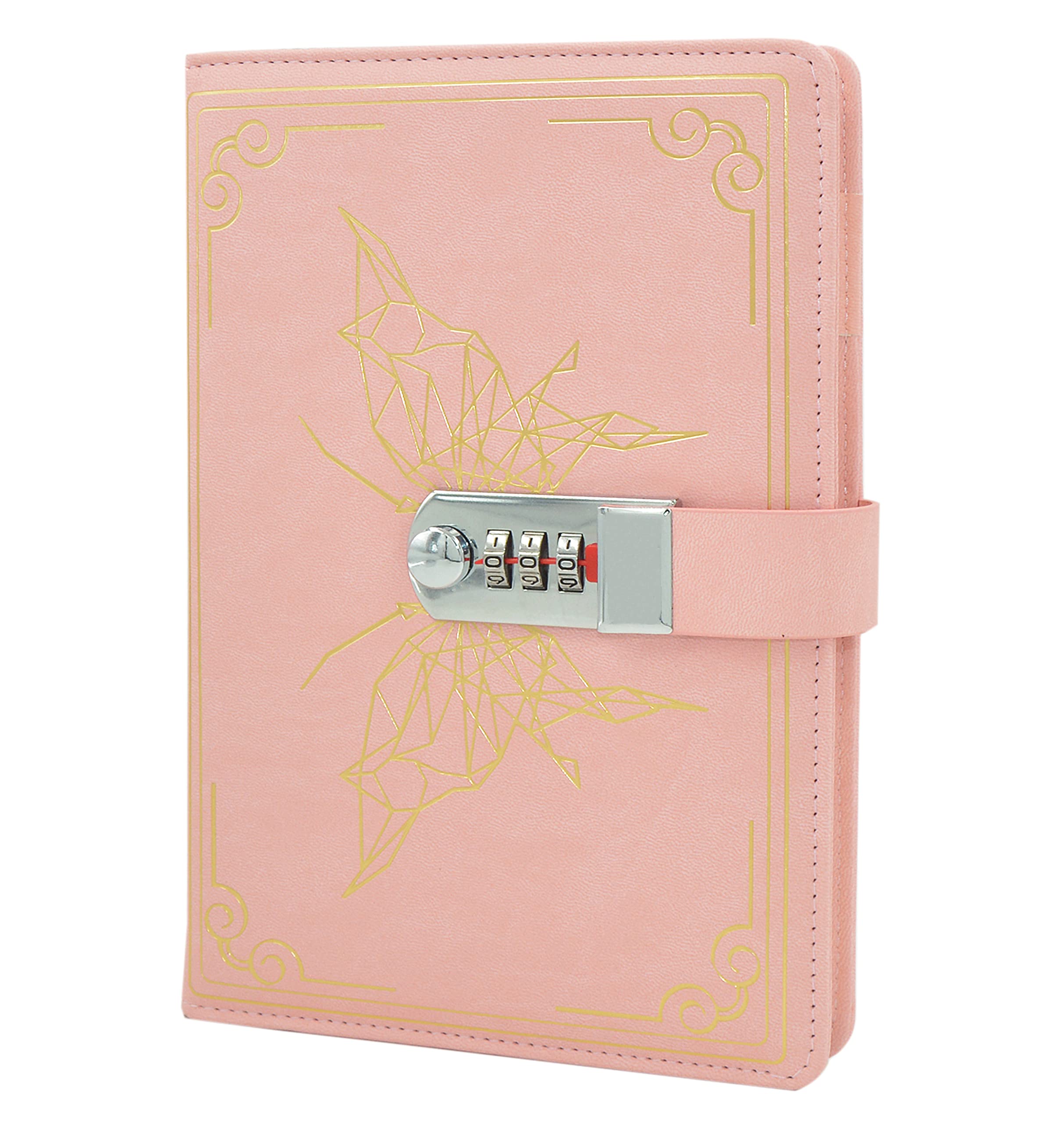 Auvier Creative PU Leather Notebook Diary with Lock (Retro Butterfly), A5 Secret Password Notepad Journal Travel Diary Organiser with Combination Lock Pen Holder, 150 x 220 mm, Pink