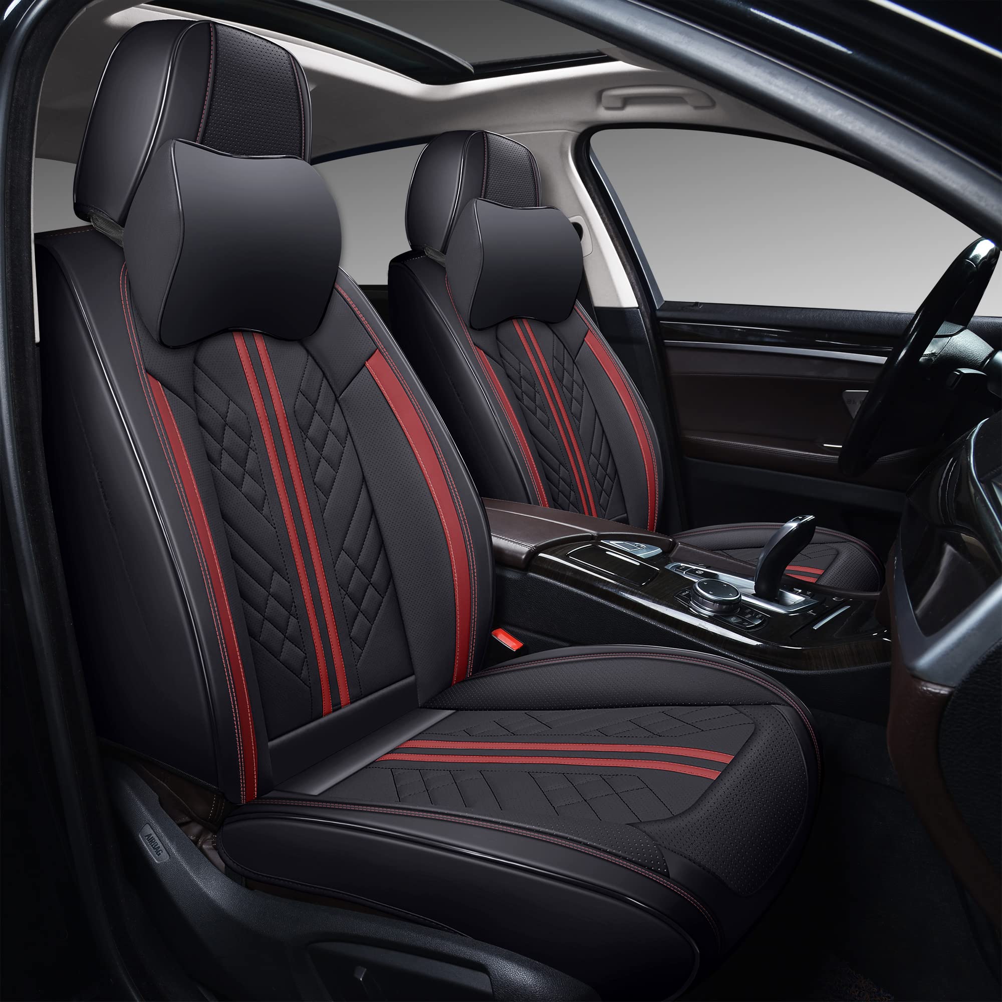 GXT Deluxe Faux Leather Full Coverage Car Seat Cover Anti-Slip Universal Fits for Sedans SUV Pick-up Truck with Headrests,Interior Accessories(Black with Red Strip)