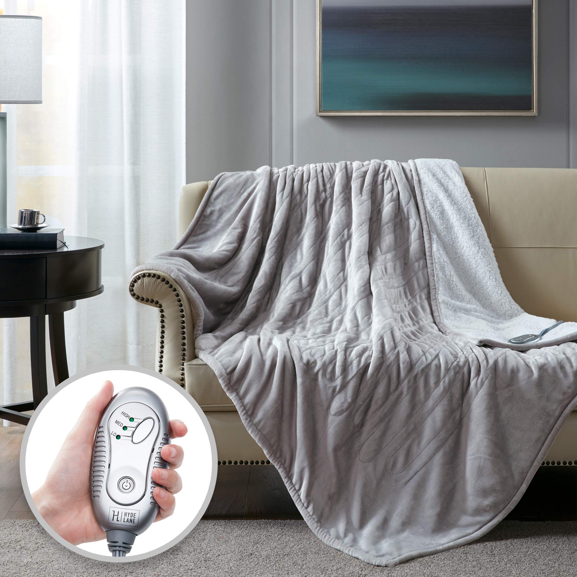 Hyde Lane Sherpa Heated Blanket - Grey | Luxury 60x70 Oversized Plush Therapedic Electric Throw | Extra Cozy & Soft | 3 Heat Settings | Automatic - Shut Off | Machine Washable
