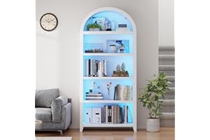 Farmhouse Arched Bookcase with Open Shelves, 5-Tier Floor Standing Bookshelf with LED Lights&Wooden Display Shelf for Liquor 