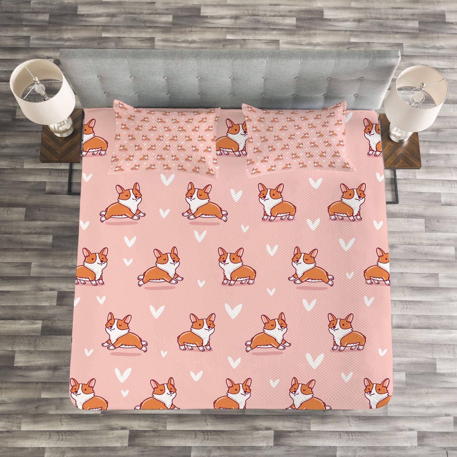 ABAKUHAUS Dog Lover Bedspread Set, Little Corgis, Decorative Quilted 3 Piece Coverlet Set including 2 Pillow Shams, Coral Orange - Image 4