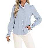 Funlingo Women's Striped Button Down Shirts Long Sleeve Smocked Cuffed Ruffle Collar Blouses Spring Work Business Casual Tops