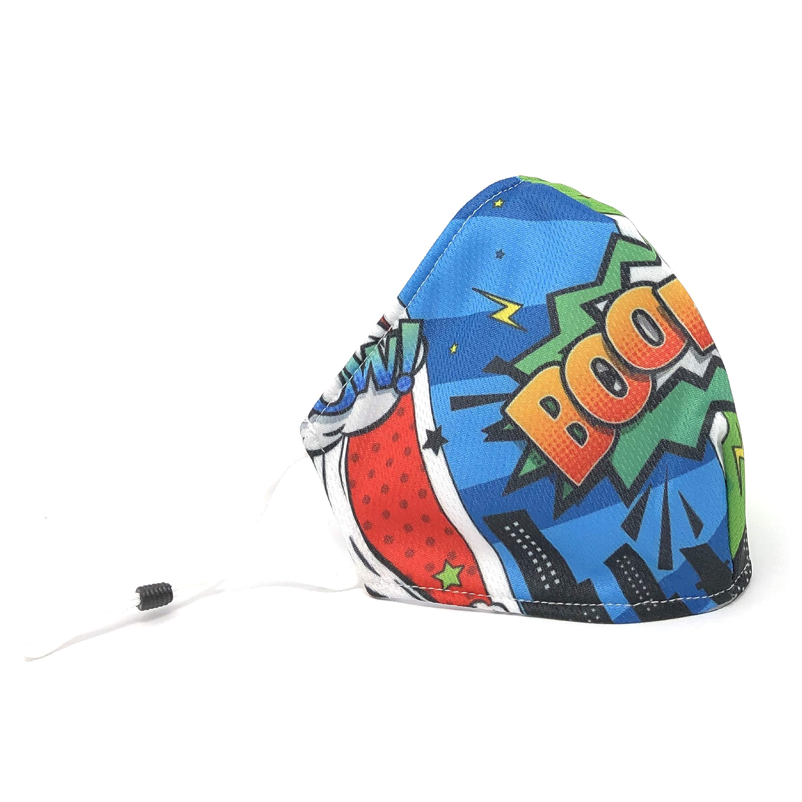 3 Layer Reusable Fabric Face Mask | Adjustable Ear Loops | Washable, Lightweight & Breathable Fitted Cloth Mouth Covering | Dust Particle & Droplet Protection (Adult, Superhero)