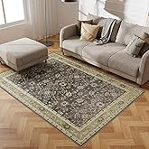 5x7 Washable Area Rug, Low Pile Faux Wool Carpet for Living Room, Bedroom, Dining Room, Vintage Flower Design, Non-Shedding L