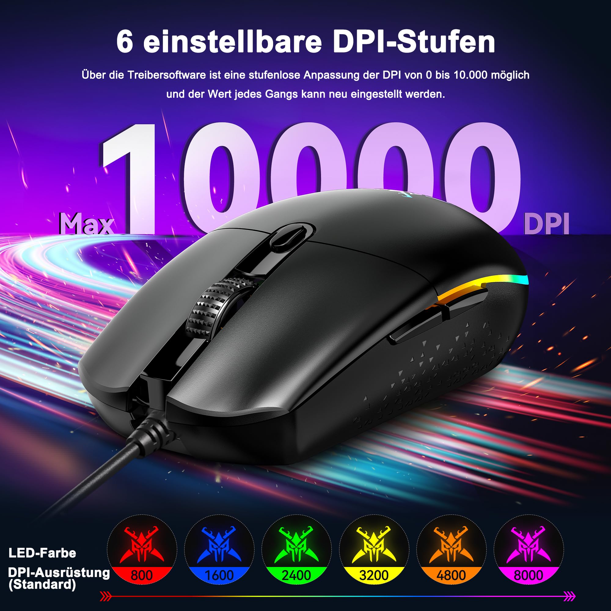 TECKNET RGB Gaming Maus Kabelgebundene, 10000 DPI, 6 programmierbaren Tasten, 10 Millionen Klicks Lebensdauer, Ergonomische USB Gaming Maus mit Kabel für PC Kohlenstoff-Schwarz 3