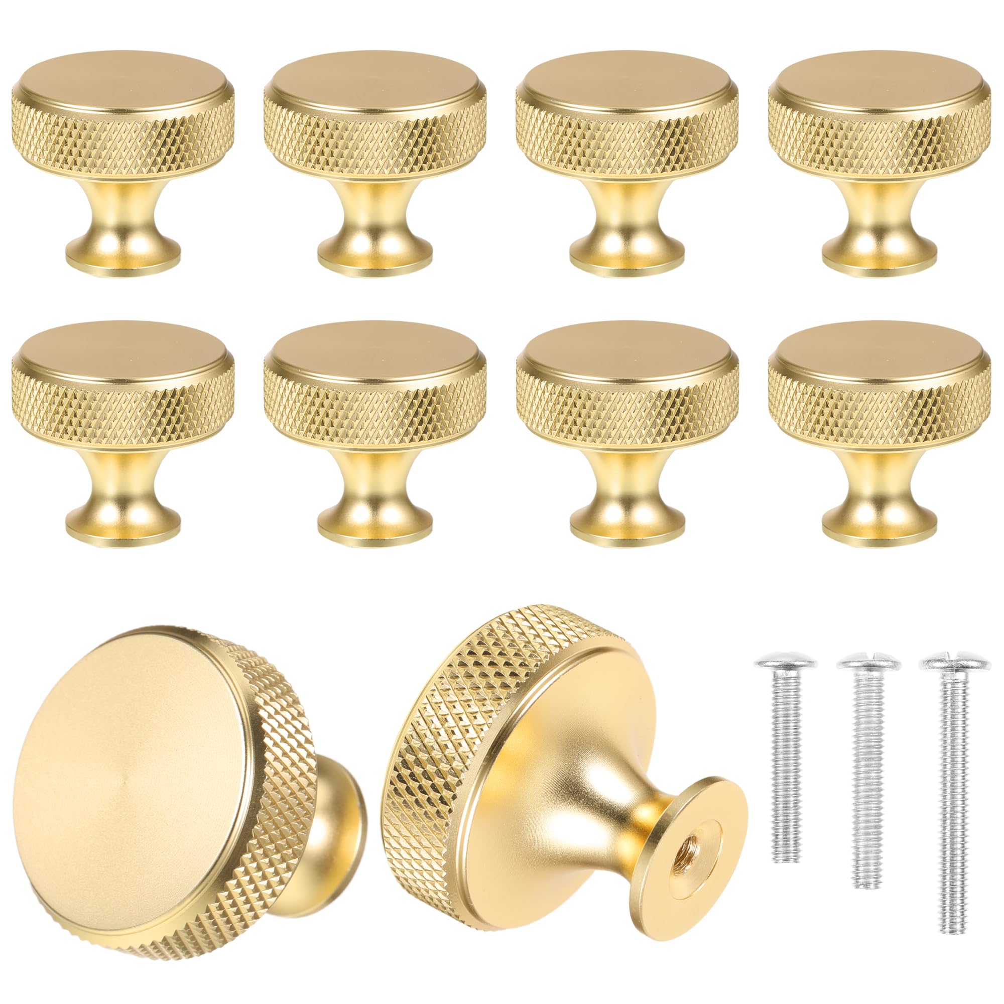 Worahoe 10 Pcs Cabinet Knobs - Gold Matte Metal Round Knurled Wardrobe & Kitchen Hardware Cupboard Knobs with 3 Size Screws for Drawer, Dresser, Wardrobe & Cupboard