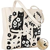 Miss Adola Embroidery Canvas Tote Bag for Women - Reusable Totes with Pocket & Buckle Aesthetic Cute Grocery Shoulder Bag