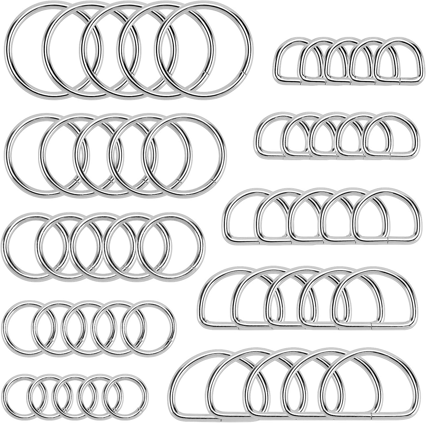 Hysagtek 50 pcs Metal O Ring and D Ring, Non-Welded Metal Rings Multi-Purpose Buckles for Bag Straps Belts, Macrame