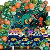 Heidaman 150Pcs Dinosaur Birthday Decorations Dinosaur Themed Party Decorations Set Includes Banner Backdrop Tablecloth Balloons Plates Forks Cake Toppers Cupcake Toppers