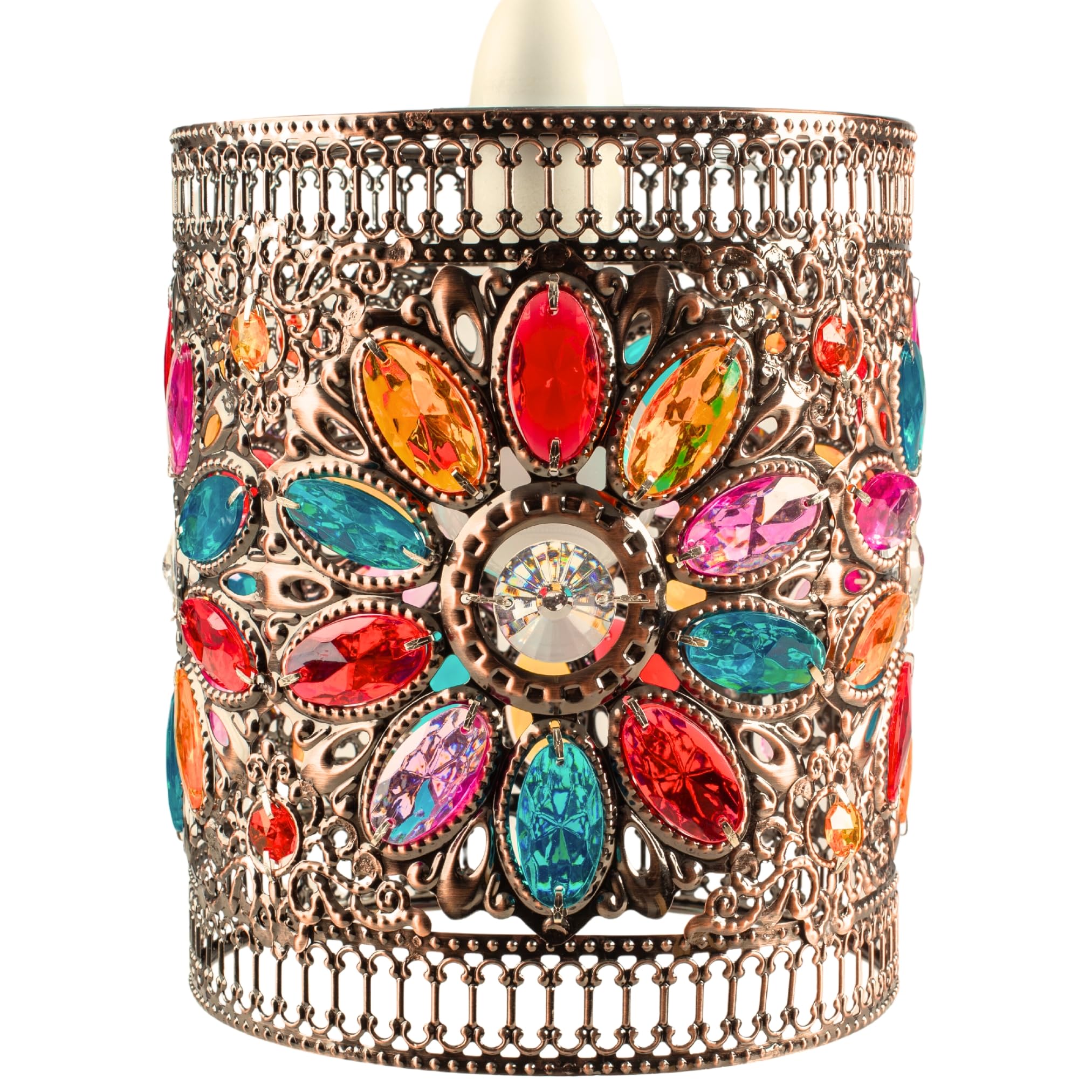 Loxton Lighting Moroccan Style Jewel Drum in Amber, Blue, Red and Yellow on a Copper Frame - Beautiful Lampshade pendant for bedrooms, living rooms, hallways, any room