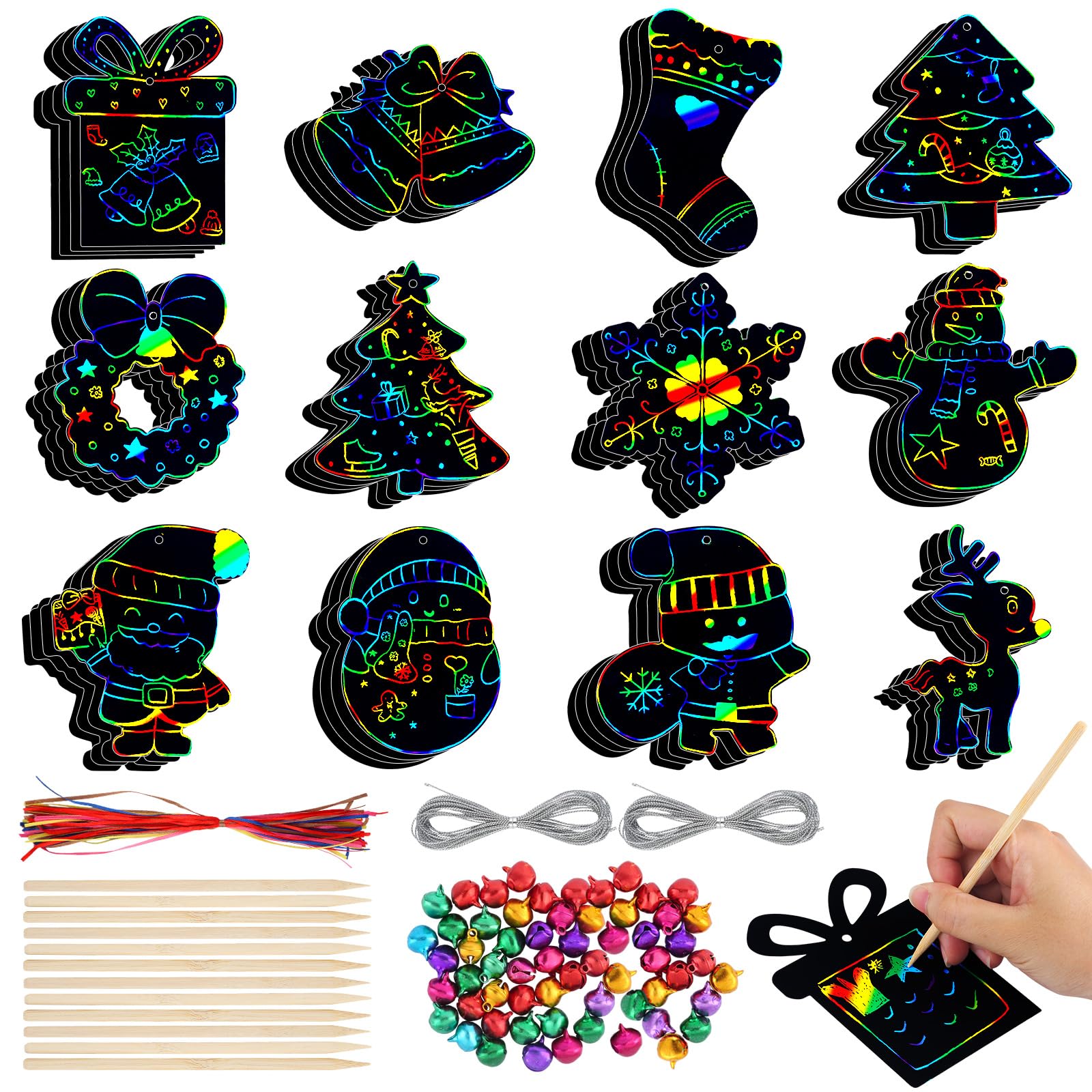 Pack of 48 Scratch Pictures Christmas, Scratch Pictures for Children, Rainbow Scratch Paper, Christmas Scratch Painting Set, Party Bags Christmas Crafts Children (with Ribbon, String, Bamboo Pen,