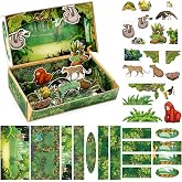 Gueevin 35 Pcs Rainforest Animal Diorama Kit Back to School Supplies Jungle Animals Figures Diorama Box Supplies Cardboard Model Set with Stickers Craft Kits for Science DIY Activities Birthday Gifts