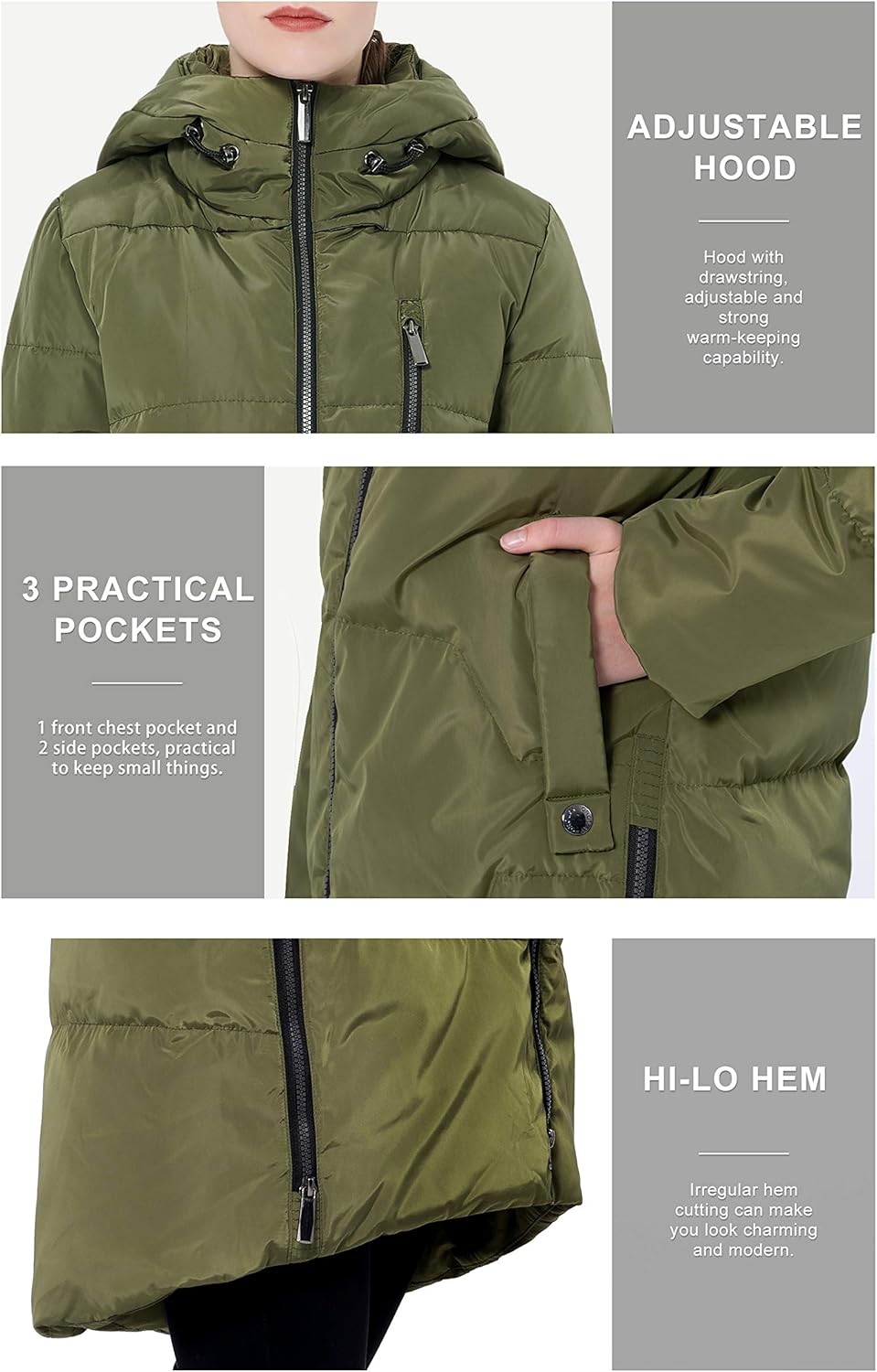 Orolay Women's Stylish Down Jacket Hooded Winter Coat Two-Way Zipper Puffer Jacket: Clothing