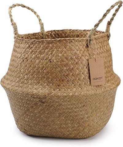 DOKOT Natural Seagrass Basket Plant Pot Storage Basket with Handle