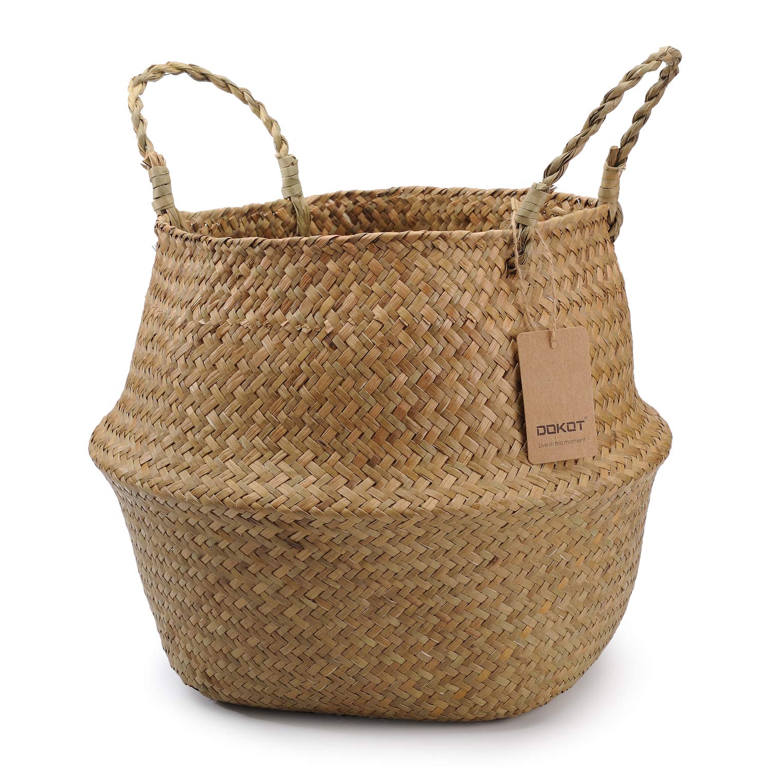 DOKOT Seagrass Basket Belly Plant Pot Woven Basket With Handle
