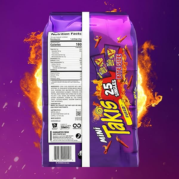 TAKIS FUEGO MINI 25 PC / 1.23 OZ BITE SIZE MULTIPACK, HOT CHILI PEPPER & LIME FLAVORED EXTREME SPICY ROLLED TORTILLA CHIPS