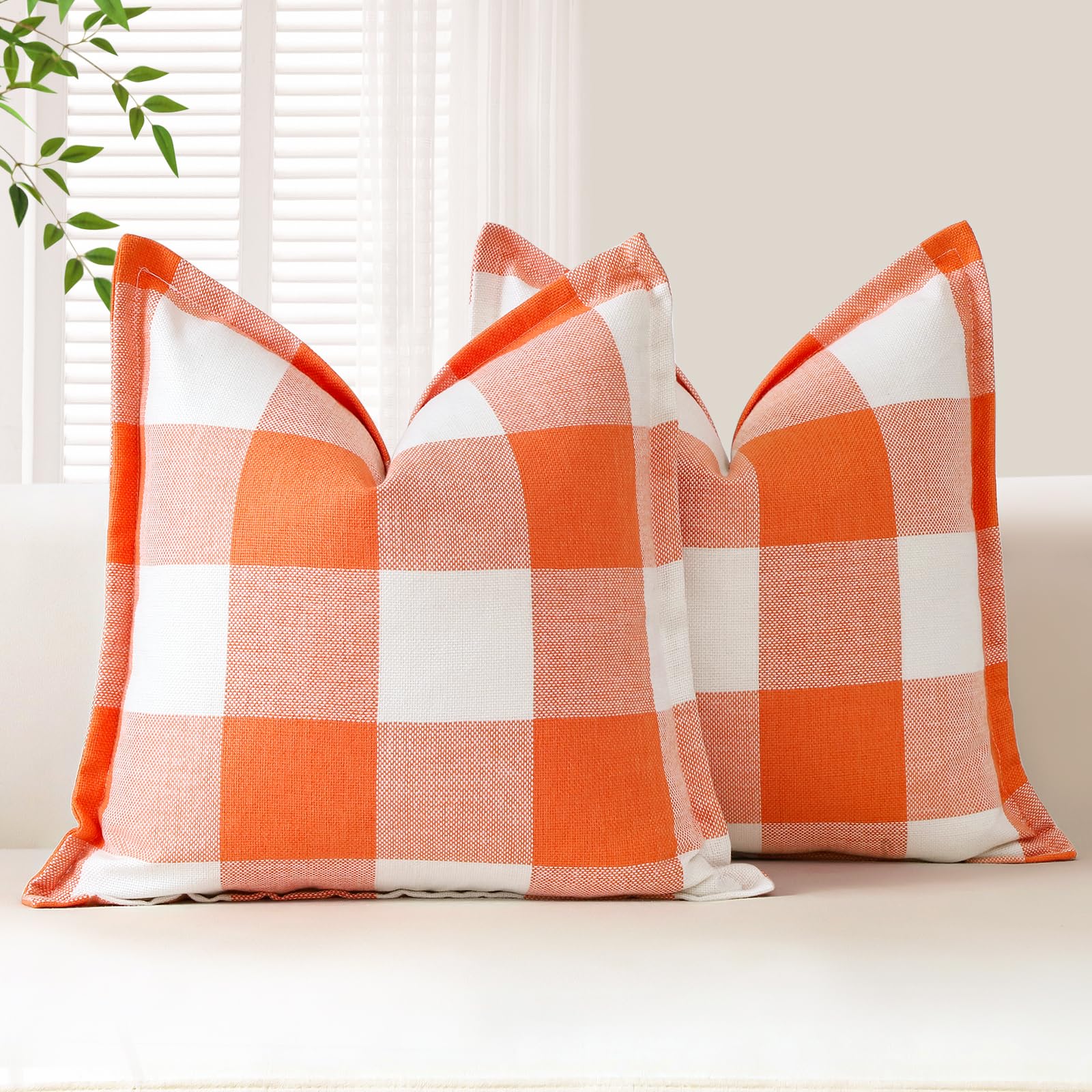 Sungeek Buffalo Check Plaid Cushion Covers 60 x 60 Set of 2 Linen Christmas Tartan Decorative Square Pillow Covers with Stitched Edge for Sofa Couch Bed Living Room 24x24 Inch (Orange and White)