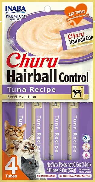 INABA CHURU FOR CATS, FUNCTIONAL, CREAMY LICKABLE PURÉE CAT TREAT FOR HAIRBALL CONTROL WITH TAURINE & VITAMIN E, 0.5 OUNCES EACH, 4 TUBES (1 PACK), TUNA RECIPE