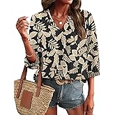 LOMON Womens 3/4 Sleeve V Neck Boho Peasant Blouses Dressy Casual Breathable Soft Tunic Tops with Button Cuffs