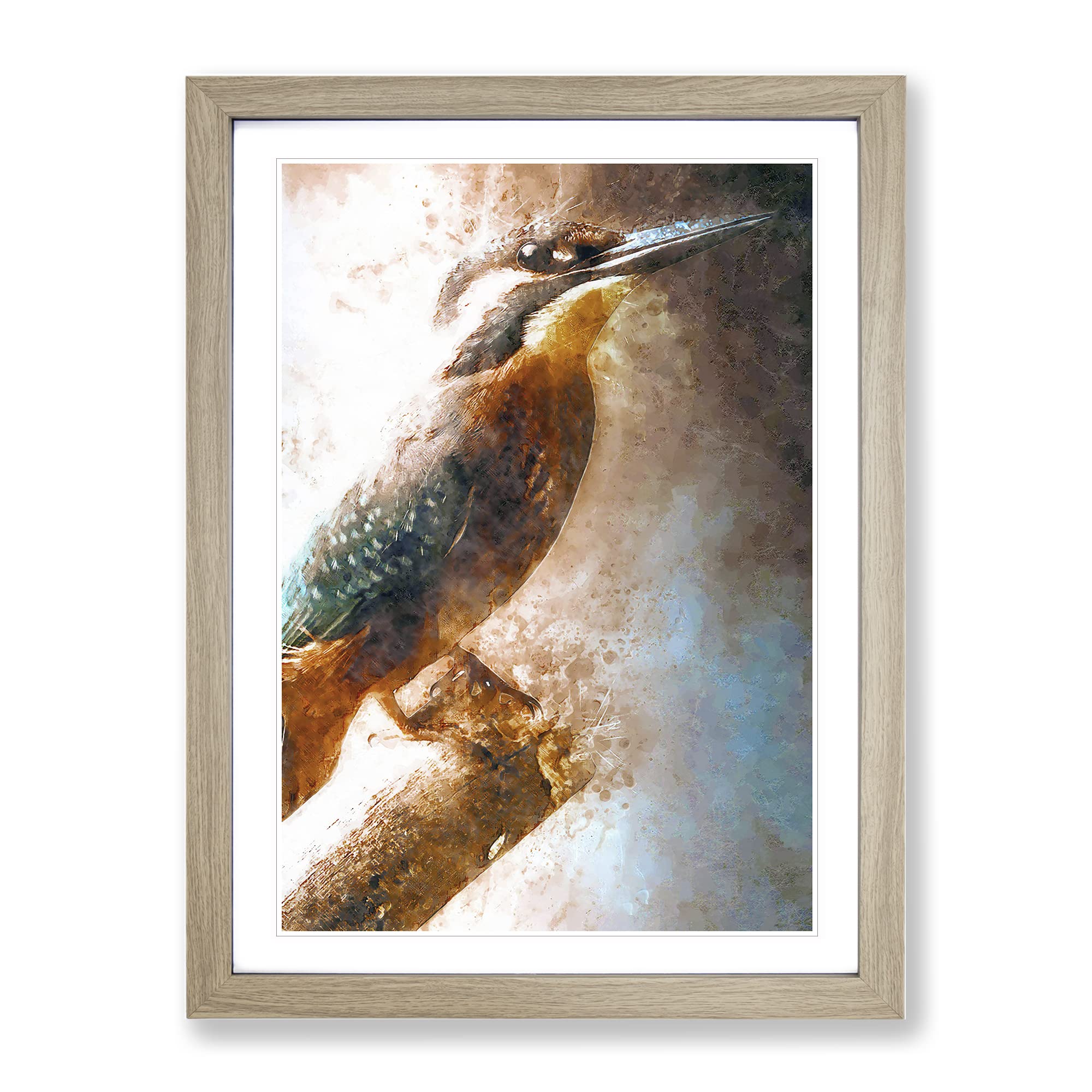 Beautiful Kingfisher Bird In Abstract Modern Framed Wall Art Print, Ready to Hang Picture for Living Room Bedroom Home Office Décor, Oak A4 (34 x 25 cm)