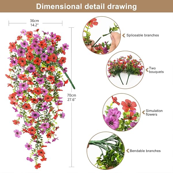 ZFPROCESS ARTIFICIAL HANGING FLOWERS PLANTS FOR OUTDOOR SPRING SUMMER DECORATION,2PCS FAUX SILK DAISY UV RESISTANT LOOK REAL FOR OUTSIDE HOME INDOOR PLANTER PORCH WINDOW YARD DECOR(RED PURPLE)