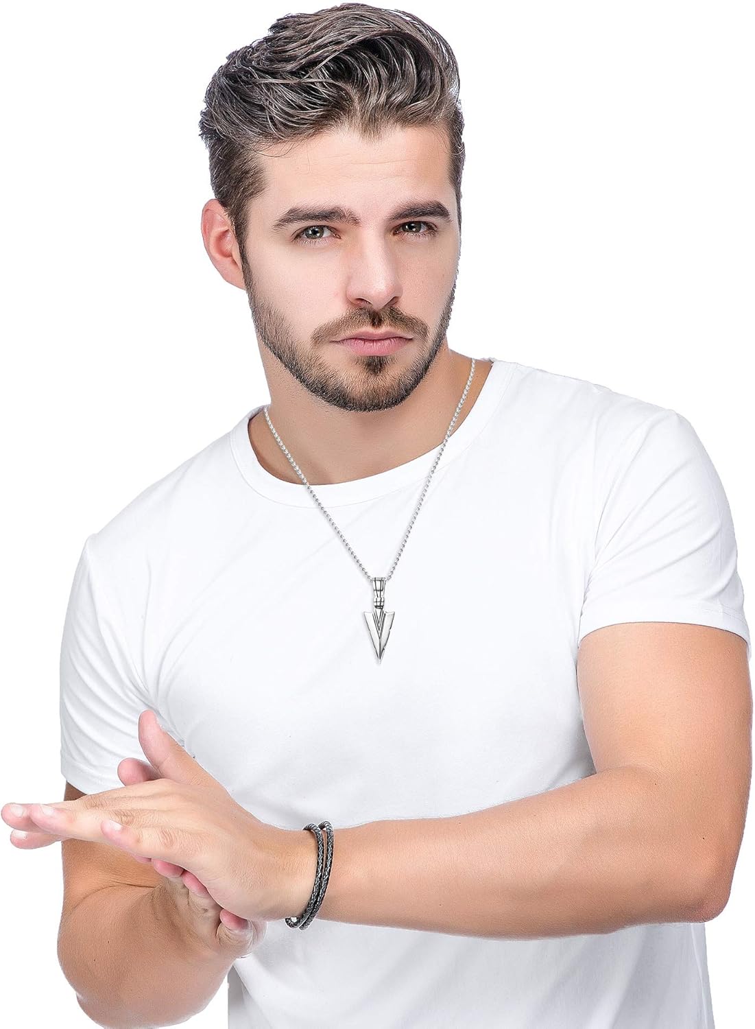 Jstyle Stainless Steel Pendant Necklace for Mens Boys Cool Spearpoint Arrowhead Pendant Chain Necklace Set Black & Silver Tone | 