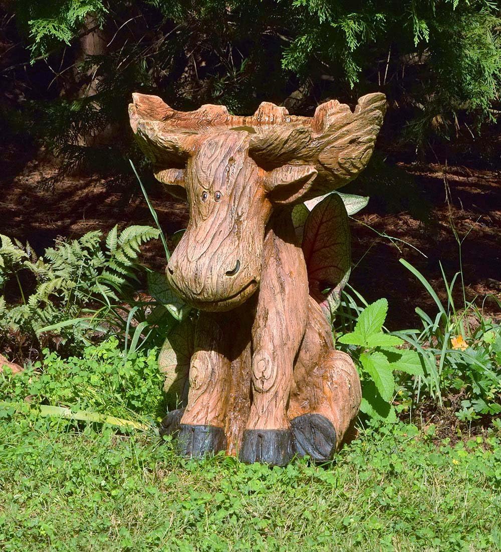 Plow & Hearth Northwoods Sitting Moose with Antlers Birdbath, Garden and Landscape Accent in Hand-Painted All-Weather Wood-Look Carved Resin, 17¼