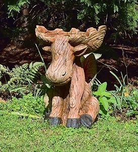 Plow & Hearth Northwoods Sitting Moose with Antlers Birdbath, Garden and Landscape Accent in Hand-Painted All-Weather Wood-Look Carved Resin, 17¼
