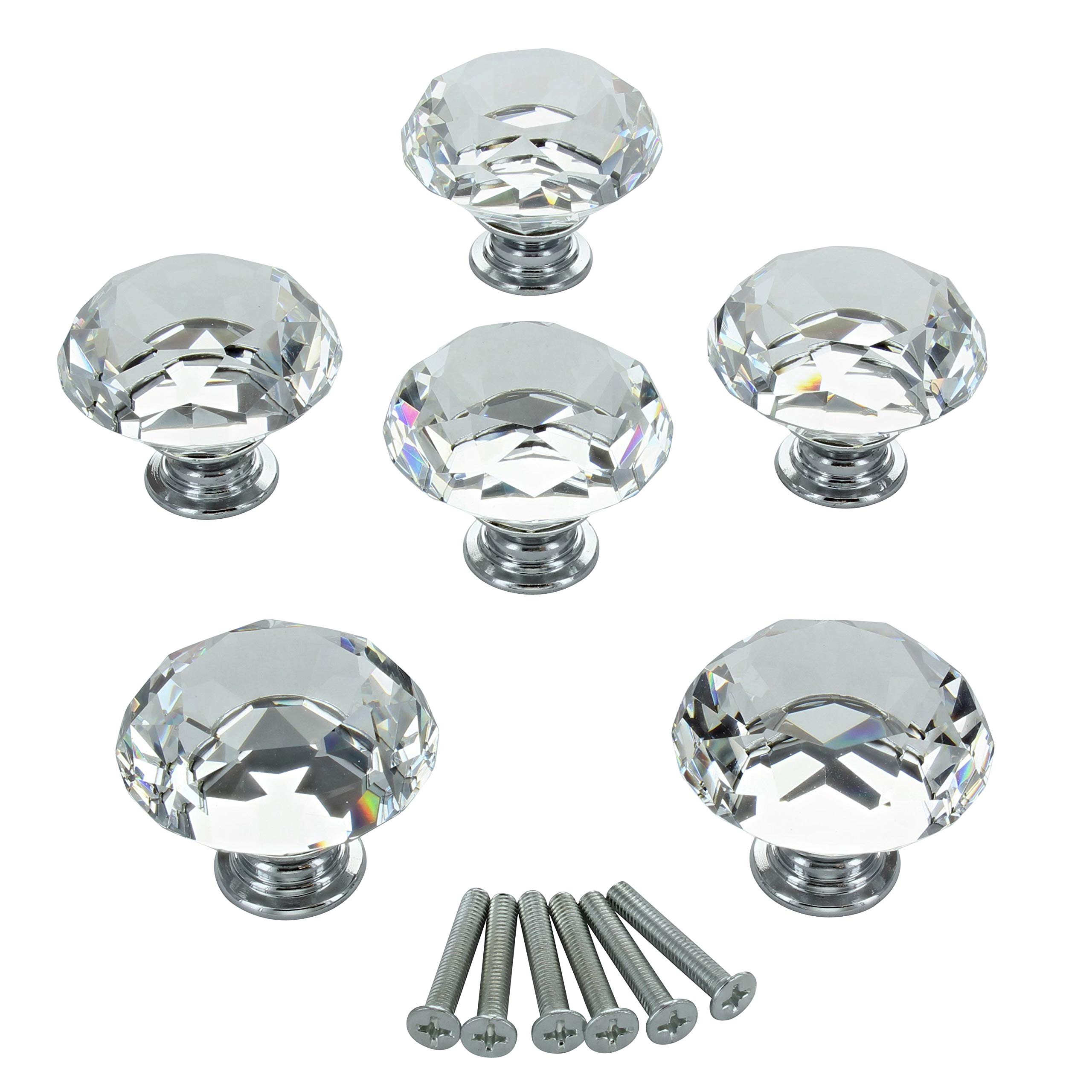 G Decor Short Diamond Crystal Glass Door Knobs Set, Vintage, Shabby Chic, Interior Furniture, Kitchen Bathroom Bedroom Accessories, Cabinet Cupboard Drawers Pulls Handles, 40mm (6-Pack)