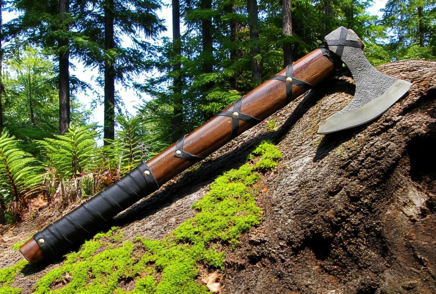 Poshland AX-7000 Custom Gift Forged Carbon Steel Viking Axe with Rose Wood Shaft, Viking Bearded Camping Axe (AX-7000) (AX-5936) Image