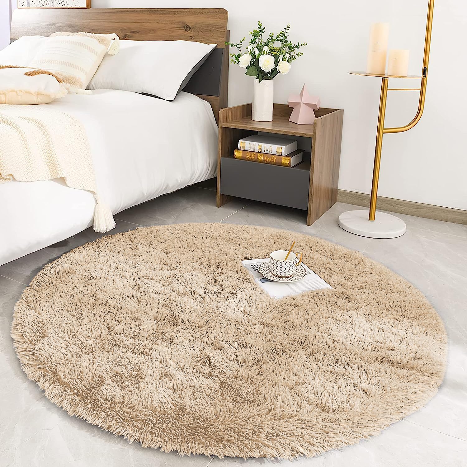 MOONLIGHT20015 Round Rugs Living Room –Beige Area Rugs for Bedroom 120x120 cm Anti Slip – Modern Super Soft Thick Pile Fluffy Shaggy Rug – Plush Carpet Non Shedding Easy to Clean