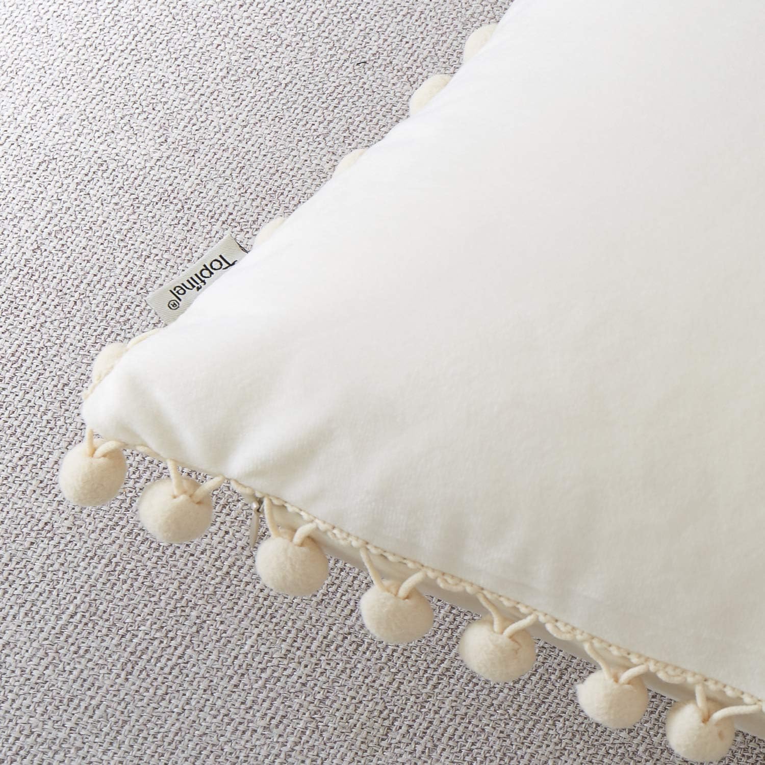 Top Finel Square Decorative Throw Pillow Covers Soft Velvet Outdoor Cushion Covers 18 X 18 with Balls for Sofa Bed, Set of 2, Cream: Home & Kitchen