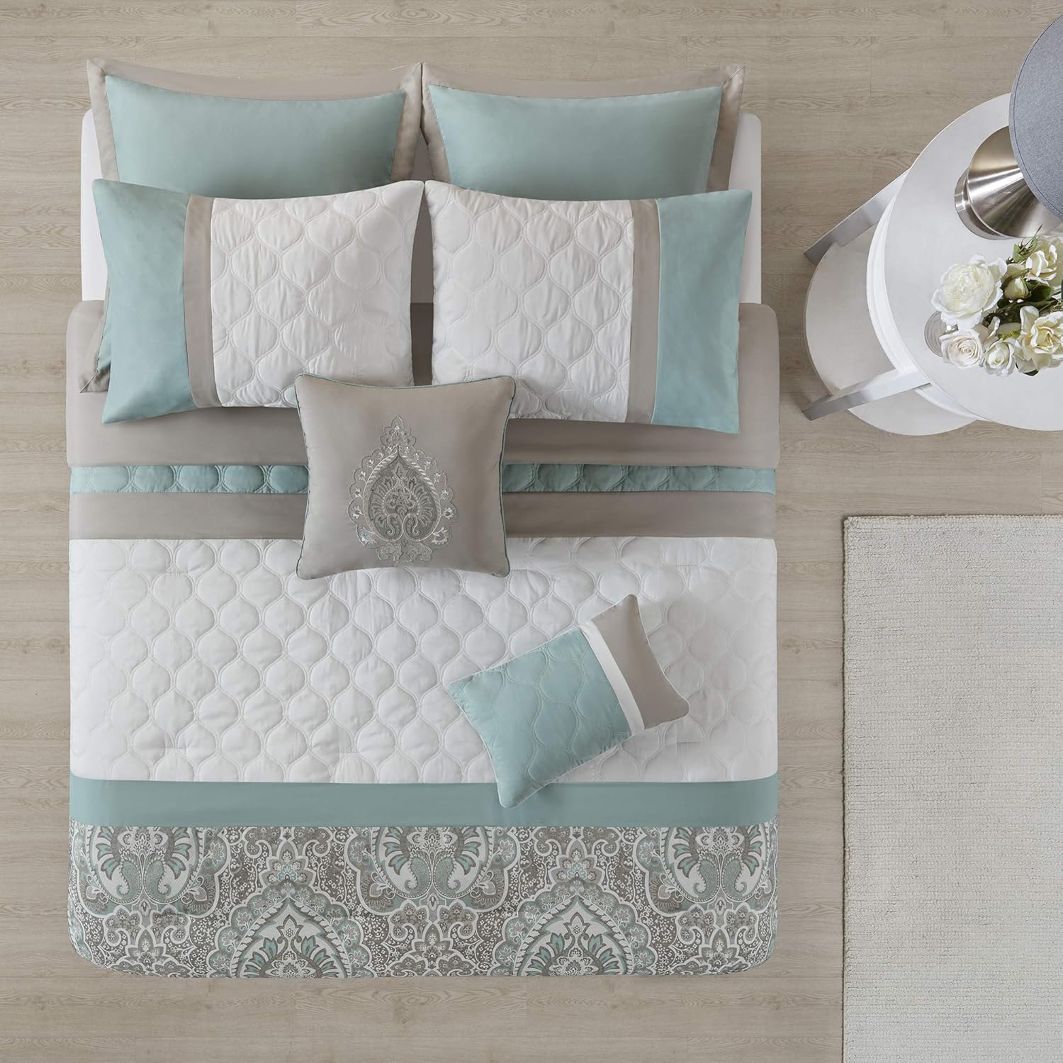 510 DESIGN Shawneel 8 Piece Bedding Comforter Set for Bedroom, King Size, Seafoam: Home & Kitchen