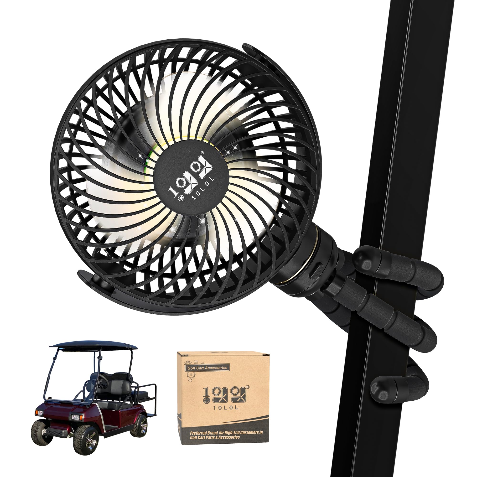 Photo 1 of 10L0L Golf Cart Fan - Universal Mount, 8000mAh Battery, 3-Speed Fan, LED Light, 56-Hour Runtime, Reverse Charging Function for Yamaha EZGO Club Car Golf Cart, Black