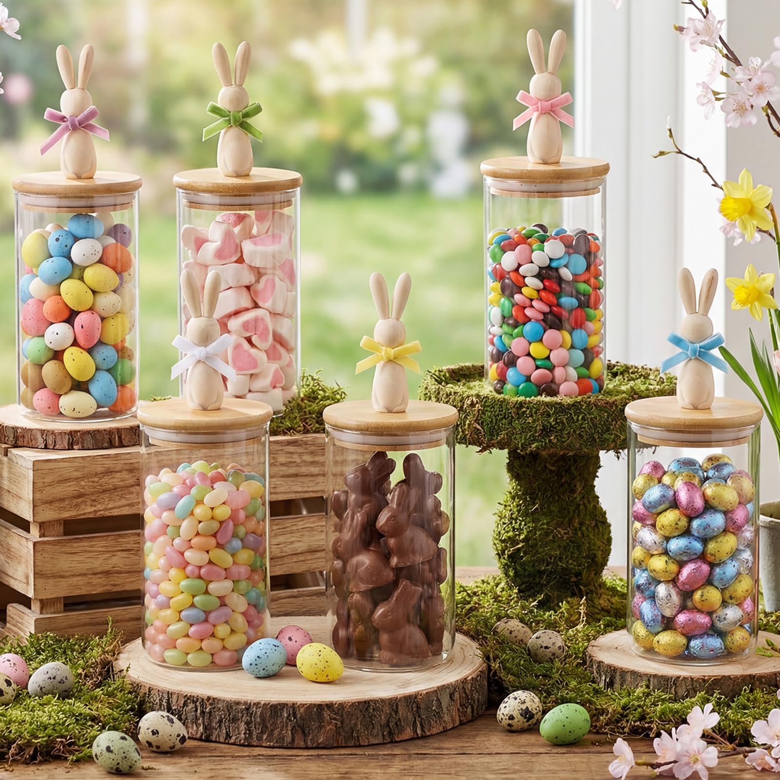 Photo 1 of Mimorou 6 Pcs Easter Candy Jar with Bunny Ear Bunny Lid Cookie Jar with 100 Easter Egg Rabbit Shape Clear Candy Glass Storage Container Airtight Ceramic Lid for Party Table Decoration (7.77 oz,Bright)
