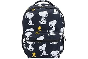 AI ACCESSORY INNOVATIONS Peanuts 16” Backpack With Front Pocket for Girls & Boys, Allover Print Bookbag Featuring Snoopy & Woodstock, Black