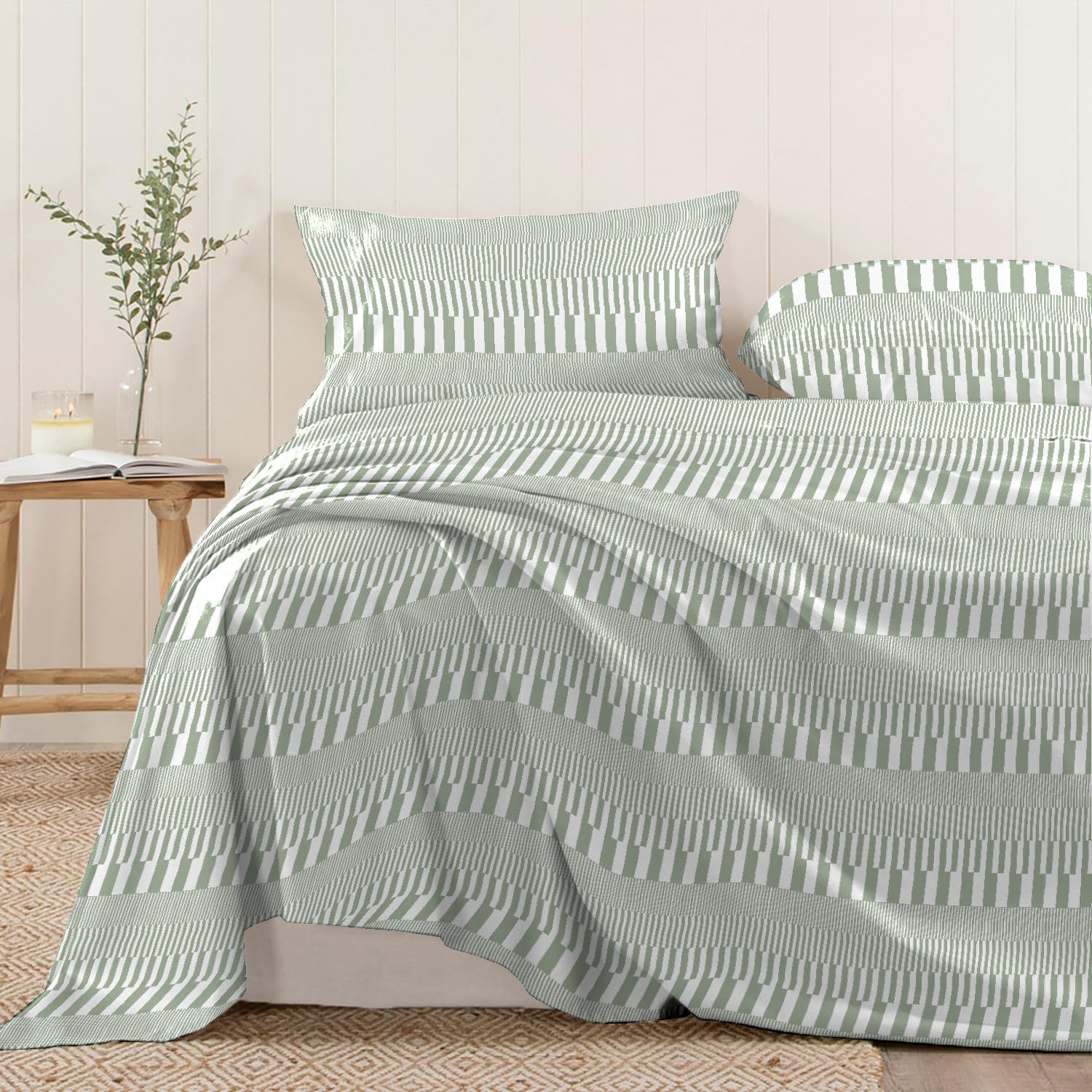 Pizuna Cascade Stripe Green Print Flat Sheet Super King Size,100% Long Staple Cotton 400 Thread count Bedding Super King, Sateen Super King Flat Sheet 300x280 1 Pc Only (Cotton Printed Bedding) — image 1